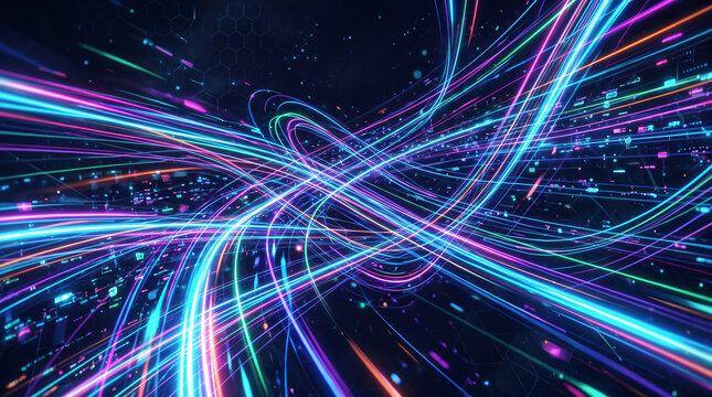 Abstract digital background with glowing neon light trails representing data flow and highspeed internet connectivity
