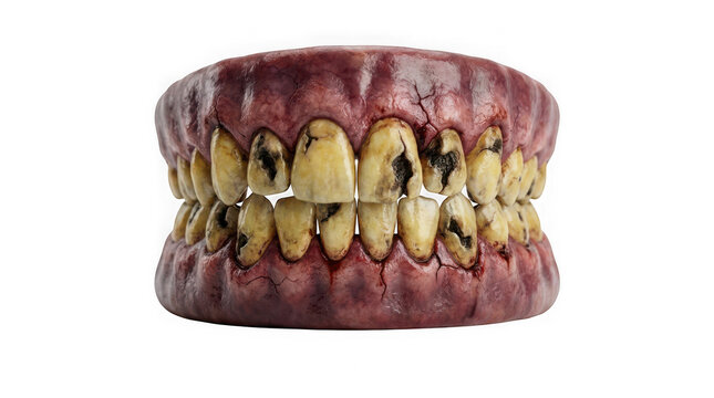 Closeup of a set of realistic, decaying, and diseased human teeth and gums isolated on transparent background