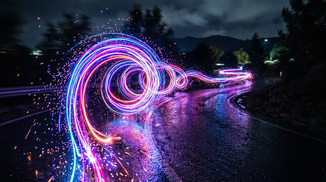 Abstract light painting with swirling neon blue and pink trails on a dark wet road at night