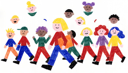 Fototapeta premium Diverse group of happy children walking with teacher, crayon drawing style illustration isolated on white background