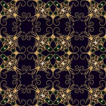 gold, perl, smaragd, pattern, seamless, wallpaper, vintage, floral, vector, ornament, design, decoration, texture, flower, gold, perl, smaragd, gold thread, silver net, scattering of crystals