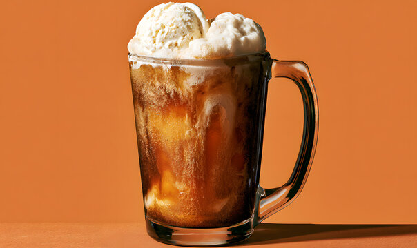 A cold root beer float topped with vanilla ice cream on an orange backdrop