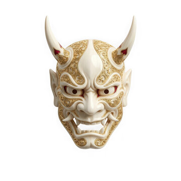 Traditional japanese hannya mask made of carved ivory with gold filigree isolated on transparent background