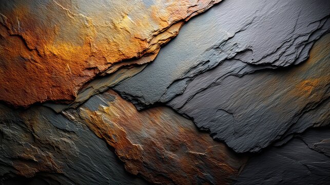 Detailed Close-Up of Colorful Cracked Slate Stone Surface with Unique Textures and Patterns for Artistic Use