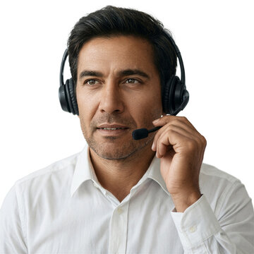 Customer service headset man isolated professional Hispanic male in white shirt nodding attentively during a business communication call