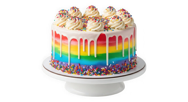 Delicious rainbow layer cake with white icing and colorful sugar sprinkles