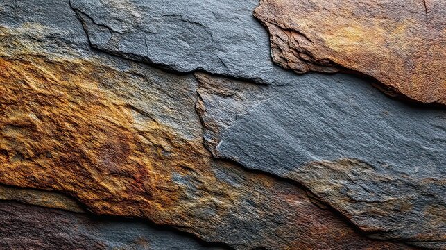 Beautiful textured slate stone background with varying colors of gray, brown, and rust showcasing natural mineral patterns