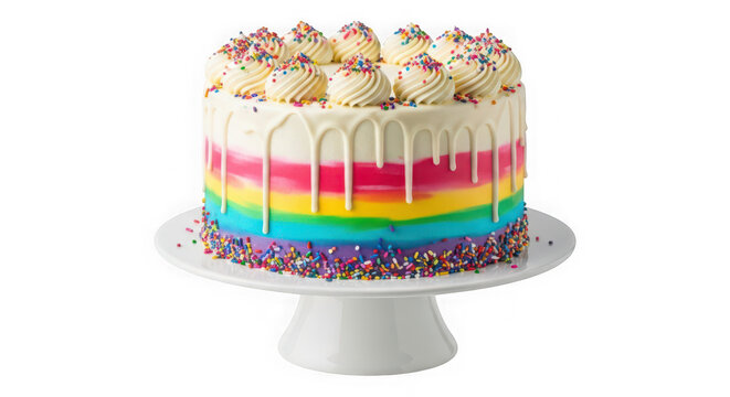 Delicious rainbow layer cake with vanilla frosting and colorful sprinkles
