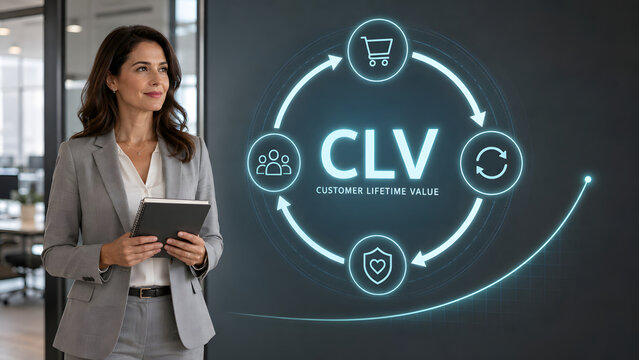 Businesswoman holding a notebook next to a glowing CLV graphic in a modern office to analyze customer lifetime value and marketing retention strategies.