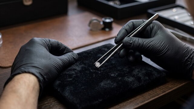 Professional Jeweler Examining a Diamond with Precision Tweezers