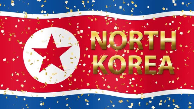 Waving North Korea Flag with Golden Text and Falling Confetti