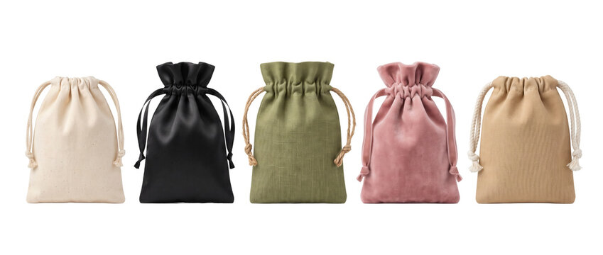 Fabric drawstring pouch bags set isolated on transparent background. Blank canvas packaging mockups cutout. art art art art art art art art high quality 3d realistic design element collection.