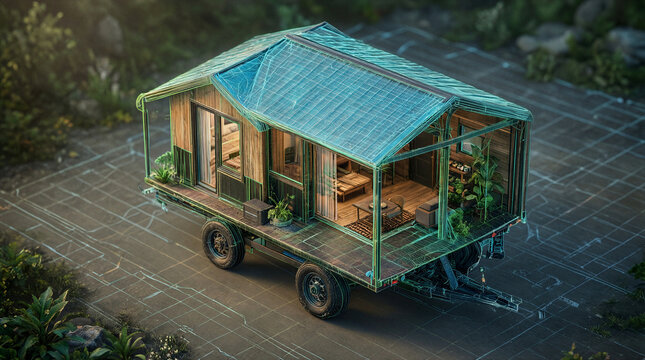Isometric wireframe CAD model of a tiny mobile home featuring detailed interior architecture
