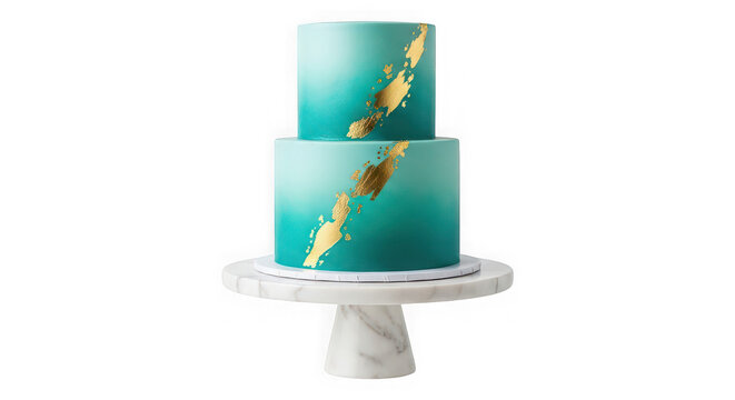 Two tier teal cake decorated with gold leaf on a marble stand