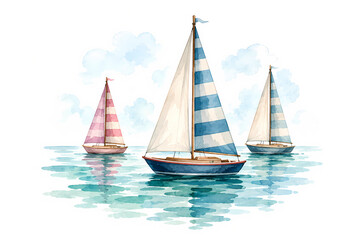 Fototapeta premium Watercolor Illustration of Sailboats Sailing on Calm Blue Water