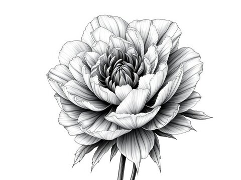 Intricate black and white peony floral illustration with subtle shading, drawing, white