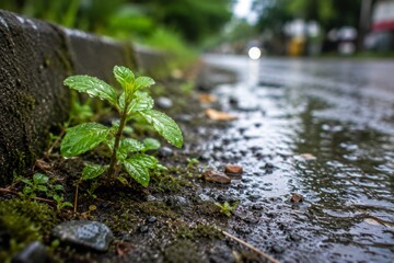 Fototapeta premium Green plant growing on a wet asphalt road side after rain with bokeh city background