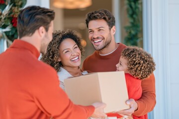 Fototapeta premium Family receiving gift box during festive warm scene