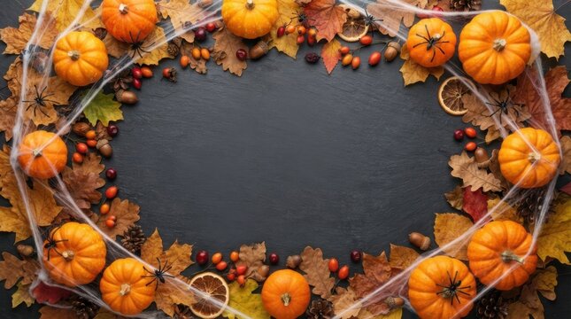 Autumn Pumpkins and Leaves Oval Frame Border