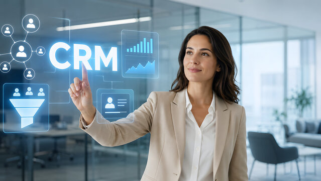 A businesswoman interacting with a glowing digital CRM screen in a modern office to optimize customer relationship management and business growth.