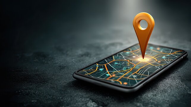 Location pin on smartphone screen, digital map concept, navigation idea, mobile technology, outdoor exploration, travel application