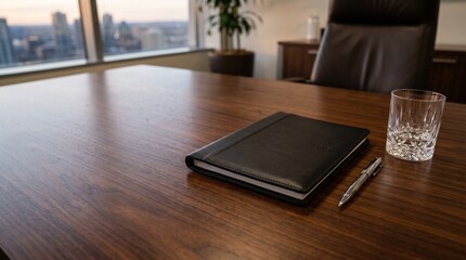 Plakat Modern executive office desk with leather notebook and pen. Professional workspace with city view, luxury corporate office interior.