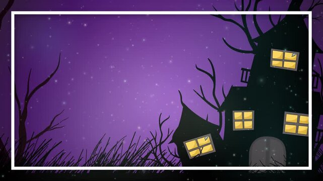 Animated Haunted House Silhouette with Magic Glow Particles Drifting Up