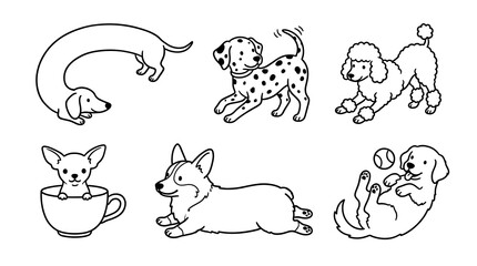 Obraz premium Collection of six adorable hand drawn dog breeds displaying playful poses and charming expressions for creative design projects with illustrations clean black