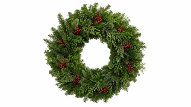 Green christmas wreath with red berries on white background