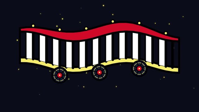2D animation of a carnival roller coaster ride moving at night.