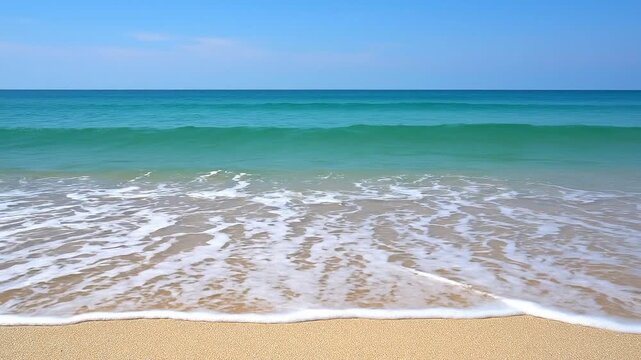 Gentle ocean waves breaking on a tropical sandy beach under blue sky