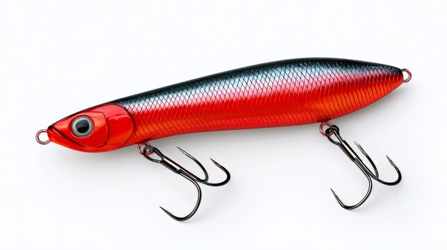 Fishing lure, red wobbler with treble hooks on white background