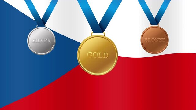Gold Silver and Bronze Medals Over Waving Czech Republic Flag