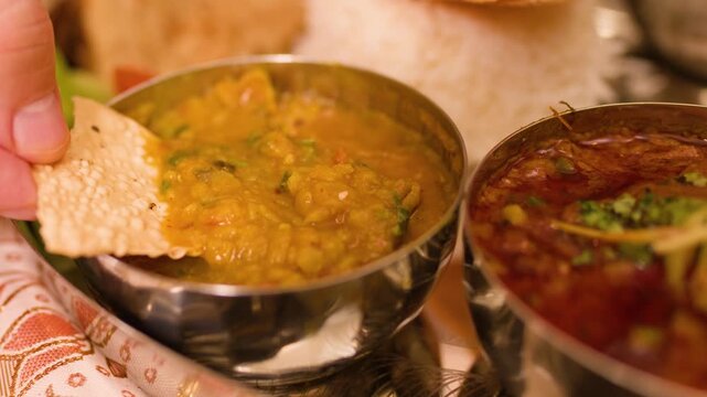 Hand Dipping Papadum into Indian Dal Lentil Stew Thali