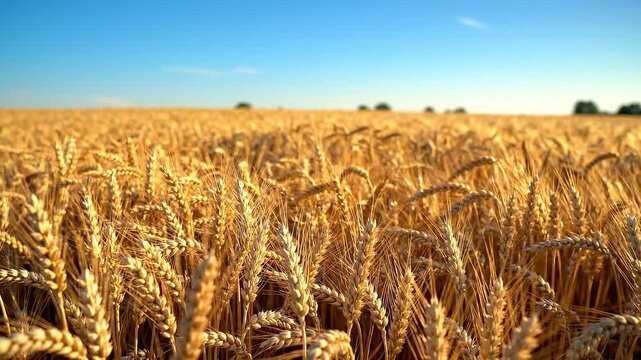 Golden Wheat Field Swaying in the Wind Under a Clear Blue Sky
