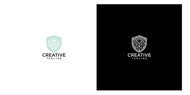 Shield logo with a complex geometric pattern and the word CREATIVE in modern typography, presented on both white and black backgrounds for versatile branding