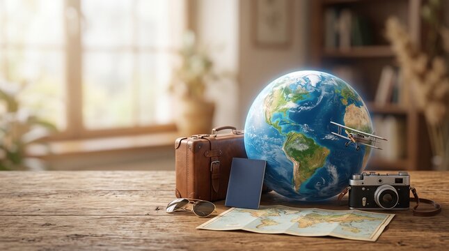 Vintage travel essentials Earth globe, old suitcase, world map, passport, and classic camera arranged on a wooden table, symbolizing global adventures and wanderlust