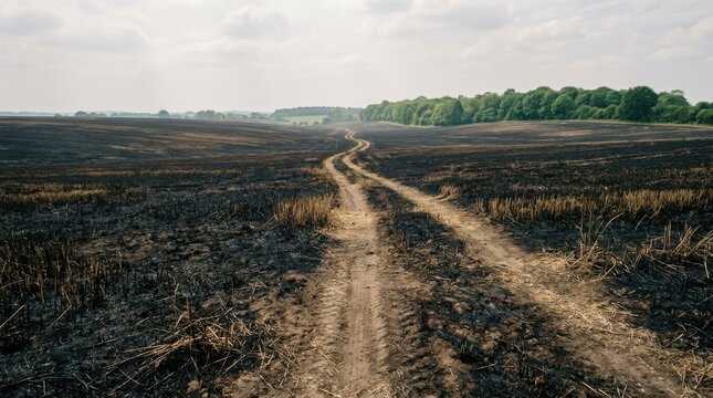 A narrow dirt path leading through a dark agricultural field in the countryside under a cloudy sky