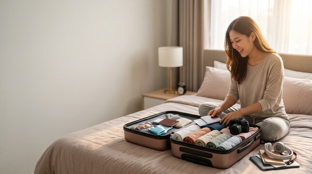 Smiling young woman efficiently organizing her luggage with neatly folded clothes and travel essentials on the bed, eagerly anticipating an exciting vacation or adventure