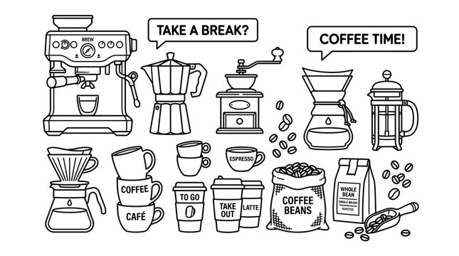Hand drawn coffee maker and barista equipment icons with beans and takeaway cups in black and white line art style