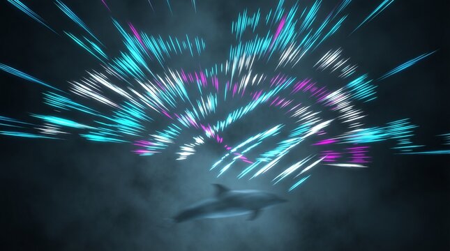 Radial Glowing Soundwave Spectrum Emanating Above Swimming Dolphin Visual Concept