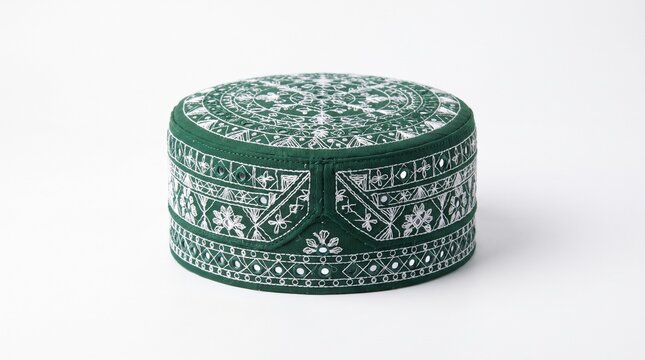 Traditional green kufi hat with white embroidery, Islamic prayer cap for men, ethnic skullcap with geometric patterns on white background