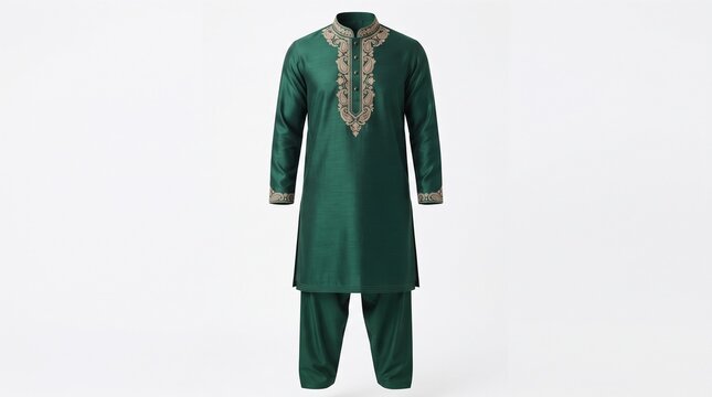 Traditional green kurta pajama with gold embroidery, elegant mens ethnic wear for weddings, silk indian sherwani suit
