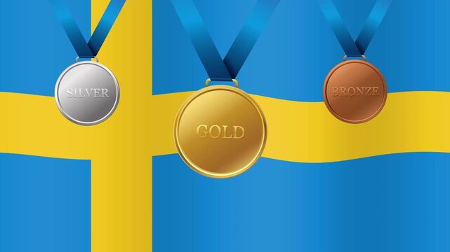 Waving Sweden Flag with Gold Silver and Bronze Sports Medals