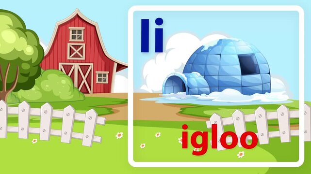Educational Alphabet Animation Featuring Letter I and Igloo on Farm Background