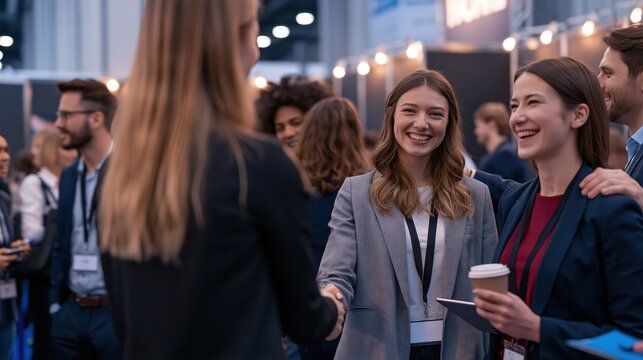Diverse business professionals socialize indoor while enjoying conversations, smiles, and casual networking in a relaxed atmosphere.