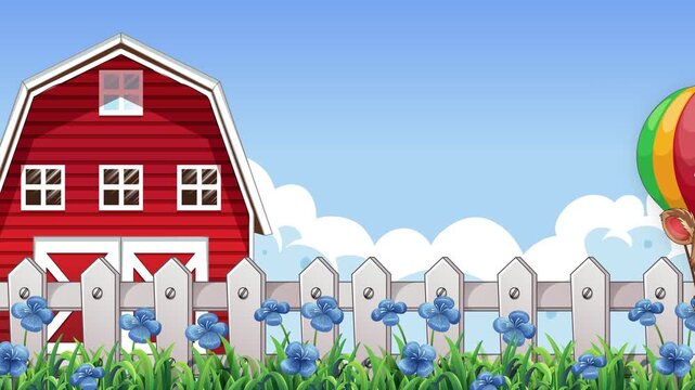 Cartoon Cow in Hot Air Balloon Floating Past Red Farm Barn