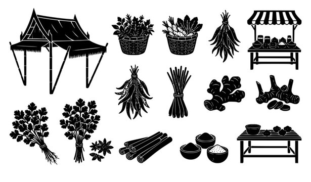 Asian street food market icons set with traditional stalls pavilion fresh herbs ginger lemongrass cinnamon baskets and aromatic spices silhouette vector elements