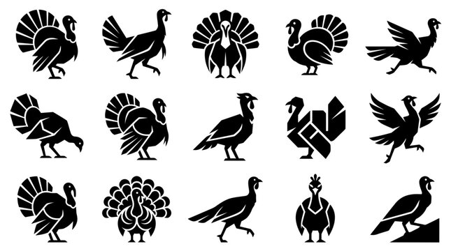 Set of black and white turkey icons for celebrating the traditional autumn holiday of thanks giving festival
