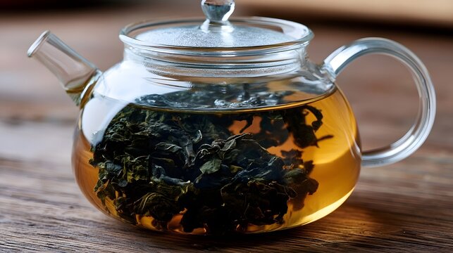 Oolong tea leaves steeping inside a clear glass teapot on a wooden surface under warm lighting